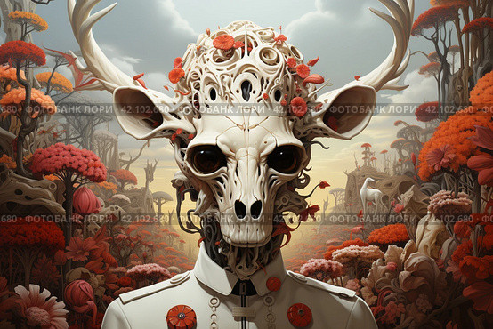 White demon with horns and red flowers around,Generative AI. Стоковое AI-изображение, AI-художник Анна Кривицкая / Фотобанк Лори