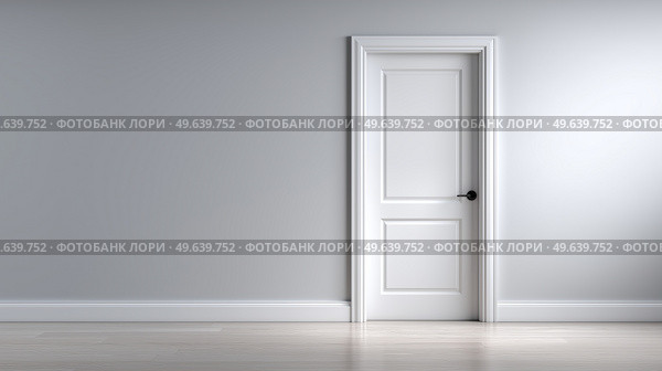 White door in a minimalistic room with grey walls and wooden floor. Белая дверь в минималистичной комнате с серыми стенами и деревянным полом. Стоковое AI-изображение, AI-художник Katsiaryna Repich / Фотобанк Лори