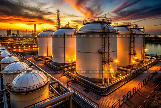 White spherical tanks for storing oil in an outdoor refinery. Tanks for petroleum products are equipment for industrial spherical oil storage. Стоковое AI-изображение, AI-художник Photojuli / Фотобанк Лори