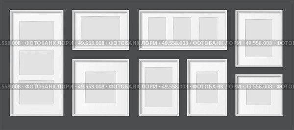 White wooden and plastic rectangular realistic picture frames various sizes mockup set black background vector illustration. Стоковая иллюстрация, агентство Ingram Publishing / Фотобанк Лори