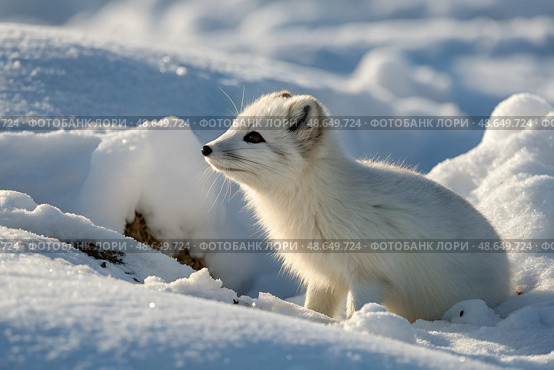 Wild arctic fox (Vulpes Lagopus) in winter time. Cute fluffy white arctic fox sitting in snow. Arctic Polar white fox in heavy winter snow. wildlife photography. Стоковое AI-изображение, AI-художник Анна Сивакова / Фотобанк Лори