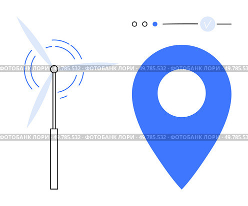 Wind turbine blades spinning next to a blue location pin and three circular UI elements. Ideal for themes of renewable energy, navigation, sustainability, technology, environmental awareness. Wind Turbine Blades Spinning Next to Blue Location Pin with UI Elements for Navigation and Energy. Стоковая иллюстрация, агентство Ingram Publishing / Фотобанк Лори