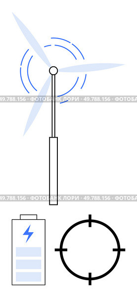 Wind turbine generating power, charging battery with blue lightning bolt, black target icon. Ideal for sustainability, clean energy, renewable resources, technology, environment, efficiency. Renewable Energy Concept Featuring Wind Turbine, Battery, and Target Focus Elements. Стоковая иллюстрация, агентство Ingram Publishing / Фотобанк Лори