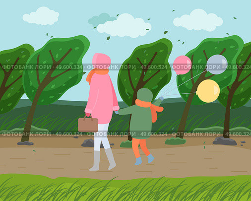 Windy autumn cold weather, mom wears pink jacket, child in green down jacket with colorful balls, back view, walk through autumn park. Wind tilts the trees. Fall weather, leaf fall. Clouds in the sky. Mom and child with balls walking in autumn park, cold windy weather, trees are sloping from wind. Стоковая иллюстрация, агентство Ingram Publishing / Фотобанк Лори