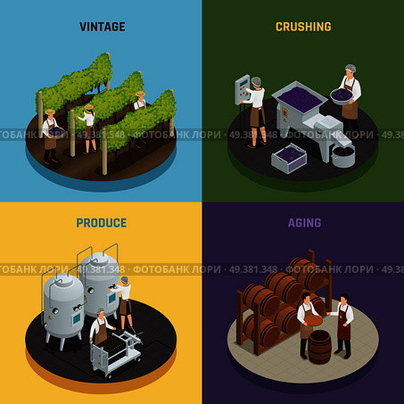Wine production 2x2 design concept with vintage crushing produce and aging square compositions isometric vector illustration. Wine Production 2x2 Design Concept. Стоковая иллюстрация, агентство Ingram Publishing / Фотобанк Лори