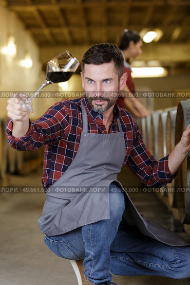 winemaker tasting red wine in cellar. Стоковое фото, агентство Ingram Publishing / Фотобанк Лори