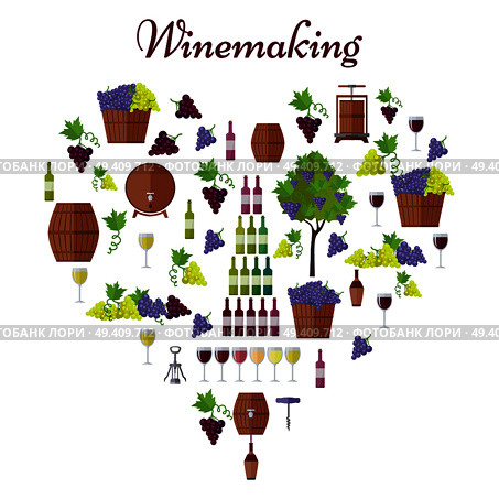 Winemaking poster in heart shape that includes basket of grapes, wine in bottle and glass, wooden barrel and metal corkscrew vector illustration. Elite Winemaking Poster Vector in Heart Shape. Стоковая иллюстрация, агентство Ingram Publishing / Фотобанк Лори