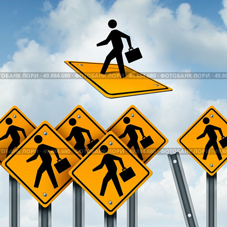 Winner concept and leader of business competition as a group of road signs with workers and an ambitious individual breaking free and taking off as a metaphor for leadership. Стоковое фото, агентство Ingram Publishing / Фотобанк Лори