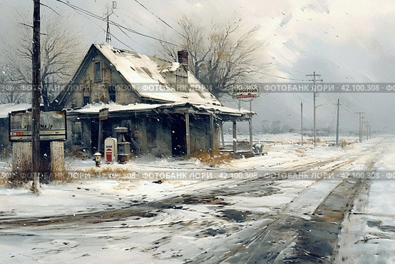 Winter gas station, gray tones, snowy landscap. ,Generative AI. Стоковое AI-изображение, AI-художник Анна Кривицкая / Фотобанк Лори
