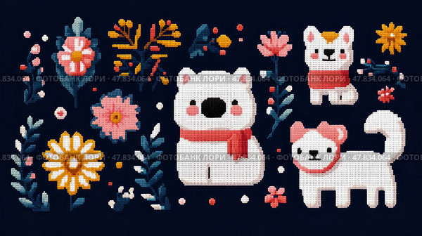 Winter Holiday: Embroidered critters and floral elements, for print, card, poster. Стоковое AI-изображение, AI-художник Данила Большаков / Фотобанк Лори