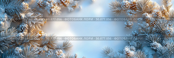 Winter Holiday: Snowy Pinecone Frame for Christmas Card. Стоковое AI-изображение, AI-художник Данила Большаков / Фотобанк Лори