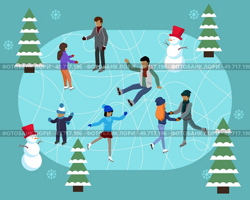 Winter ice staking rink sports young happy people family activity. Mom dad son boy girl skaters fir tree. Friends at ice-skating outdoor rink merry christmas new year winter holidays concept. Winter ice staking rink sports happy people family activity. Mom dad son boy girl skaters fir tree. Стоковая иллюстрация, агентство Ingram Publishing / Фотобанк Лори
