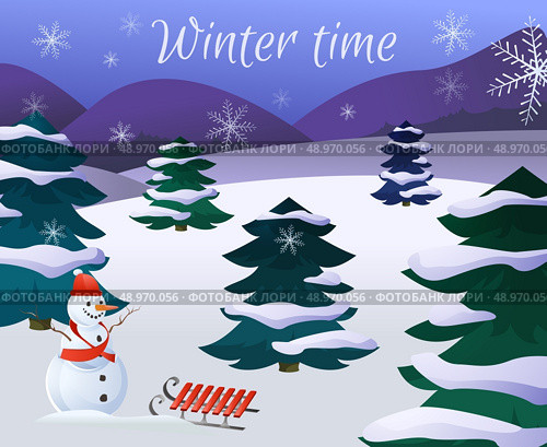 Winter landscape poster with christmas trees wood snowman and sledge vector illustration. Стоковая иллюстрация, агентство Ingram Publishing / Фотобанк Лори