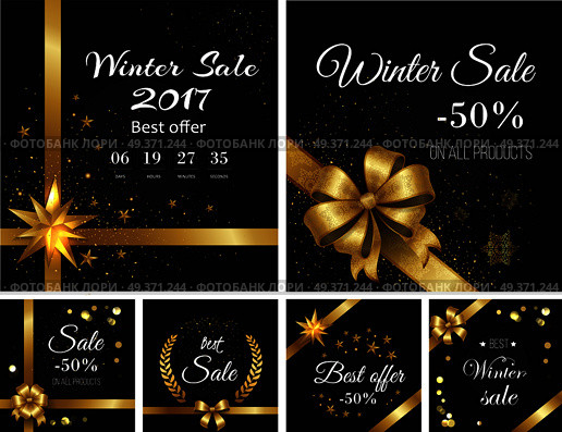 Winter sale 2017 and best offer on all products decorative cards. Vector poster of golden ribbons with bows in flower and star shapes on black background with white inscriptions and percents. Winter Sale 2017 and Best Offer on All Products. Стоковая иллюстрация, агентство Ingram Publishing / Фотобанк Лори