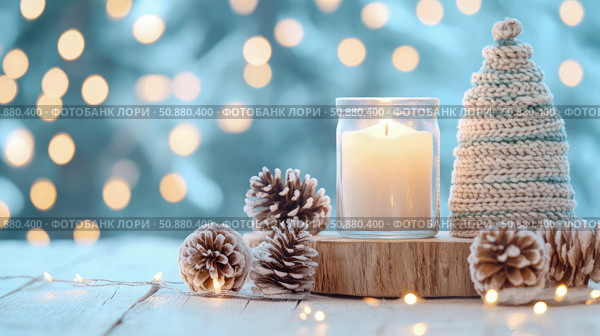 Winter Solstice Serenity: Candlelight, Knit Tree, and Pinecone Charm for Seasonal Decor. Стоковое AI-изображение, AI-художник Данила Большаков / Фотобанк Лори
