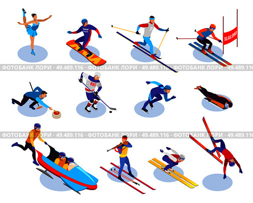 Winter sports isometric icons set of  snowboarding slalom curling freestyle figure skating ice hockey biathlon isometric vector illustration. Стоковая иллюстрация, агентство Ingram Publishing / Фотобанк Лори