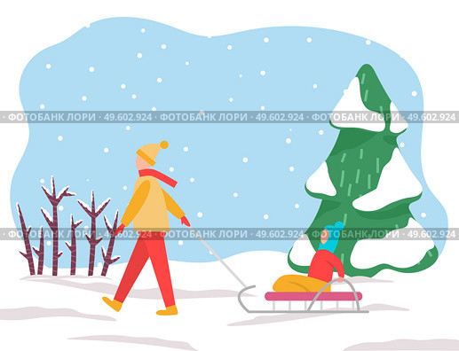 Winter vacations and pastime. Man pulling sleds with child sitting on it. Father and kid on sleigh. Winter landscape with trees and bushes covered with snow. Frosty weather outside, vector in flat. Dad and Kid Sitting on Sleds Winter Forest or Park. Стоковая иллюстрация, агентство Ingram Publishing / Фотобанк Лори