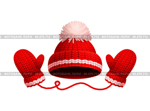 Winter warm red hat with white pom-pom and knitted glove icons. Woolen mittens and headwear in realistic design, outfit gauntlet, personal accessories. Winter Warm Red Hat, White Pom-pom, Knitted Gloves. Стоковая иллюстрация, агентство Ingram Publishing / Фотобанк Лори