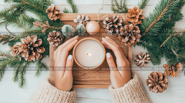Winter Warmth: A hand holding a candle centerpiece with evergreen sprigs, pinecone and wooden tray. Стоковое AI-изображение, AI-художник Данила Большаков / Фотобанк Лори