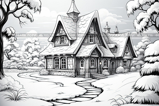 Wintry Artwork Depicting a Breathtaking House in a Snowy Wonderland. Стоковое AI-изображение, AI-художник Данила Большаков / Фотобанк Лори