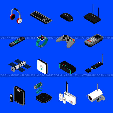 Wireless electronic devices including computer equipment, satellite, battery charger, isometric icons isolated on blue background vector illustration. Wireless Electronic Devices Isometric Icons. Стоковая иллюстрация, агентство Ingram Publishing / Фотобанк Лори