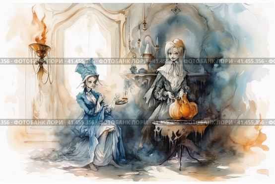 Witch and ghost spending time drinking tea together, watercolor illustration, watercolor style, Generative AI. Стоковое AI-изображение, AI-художник Анна Кривицкая / Фотобанк Лори