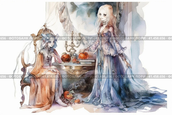 Witch and ghost spending time drinking tea together, watercolor illustration, watercolor style, Generative AI. Стоковое AI-изображение, AI-художник Анна Кривицкая / Фотобанк Лори