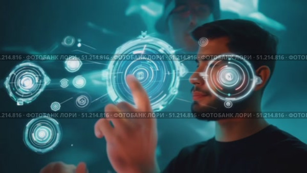 Witness an engaging demonstration of advanced holographic technology as participants interact with digital displays in a cutting-edge facility. Стоковое AI-видео, аниматор Данила Большаков / Фотобанк Лори