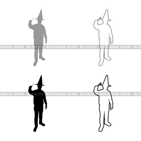 Wizard holds magic wand trick Waving Sorcery concept Magician Sorcerer Fantasy person Warlock man in robe with magical stick Witchcraft in hat mantle Mage conjure Mystery idea Enchantment silhouette grey black color vector illustration solid outline style simple image. Wizard holds magic wand trick Waving Sorcery concept Magician Sorcerer Fantasy person Warlock man in robe with magical stick Witchcraft in hat mantle Mage conjure Mystery idea Enchantment silhouette grey black color vector illustration solid outline style image. Стоковая иллюстрация, агентство Ingram Publishing / Фотобанк Лори