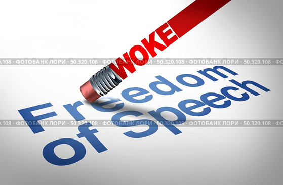 Woke and restrictions on freedom of speech as cancel culture and cultural cancellation or social media censorship as canceling or restricting opinions that are offensive or controversial to the public with 3D illustration elements. Стоковое фото, агентство Ingram Publishing / Фотобанк Лори