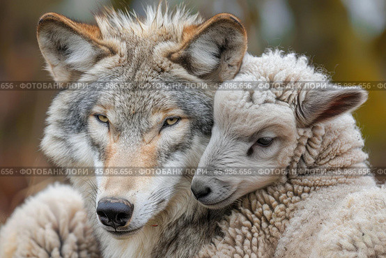 Wolf and lamb together, predator and prey, concept of peace and friendship. Стоковое AI-изображение, AI-художник Иван Рябоконь / Фотобанк Лори
