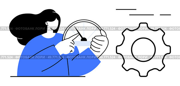 Woman adjusting a speed indicator with a gear symbol to the right. Ideal for technology, settings, user interface, software control, performance optimization. Simple flat illustration style. Woman Adjusting Speed Indicator and Gear Symbol Representing Control and Settings. Стоковая иллюстрация, агентство Ingram Publishing / Фотобанк Лори