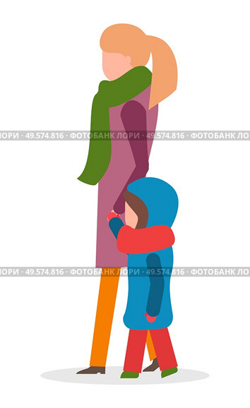 Woman and kid wearing warm clothes walking outdoors vector. Mom and child spending time outside in winter. Kiddo wearing thick jacket and hood with scarf on neck. Family on weekends isolated. Mother Holding Kids Hand and Walking Straight. Стоковая иллюстрация, агентство Ingram Publishing / Фотобанк Лори