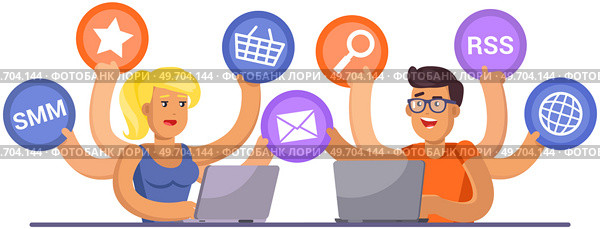 Woman and man doing simultaneously many tasks. Employee trying to deal with deadline. Overworking, overload at work, time management, planning concept. Workers with many hands coping with multitasking. Woman and man doing simultaneously many tasks. Employee trying to deal with deadline, overworking. Стоковая иллюстрация, агентство Ingram Publishing / Фотобанк Лори