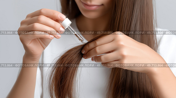 Woman applying hair treatment to her long hair with a dropper in a bright room. Женщина наносит средство для волос на свои длинные волосы с помощью пипетки в светлой комнате. Стоковое AI-изображение, AI-художник Katsiaryna Repich / Фотобанк Лори