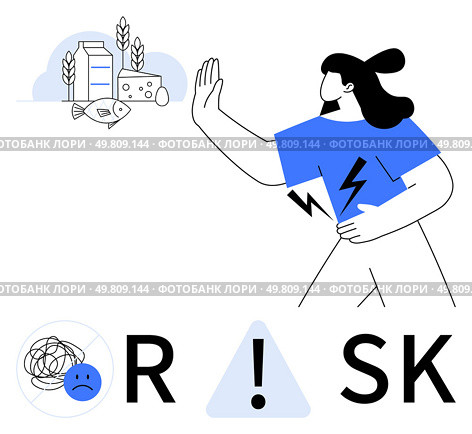 Woman assessing food hazards, electric shock, stress icon, and the word RISK. Ideal for food safety, health awareness, workplace safety, stress management, hazard identification risk reduction. Woman Evaluating Food Risks and Allergens with Attention to Electric Hazard, Stress, and Safety Awareness. Стоковая иллюстрация, агентство Ingram Publishing / Фотобанк Лори
