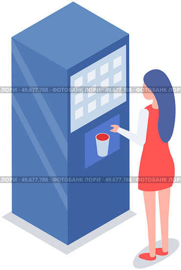 Woman buying water in vending machine. Female character uses automated self service device with snack and beverages. Modern equipment for office or business center. Appliance with food and drinks. Modern equipment for office or business center. Woman buying water in food vending machine. Стоковая иллюстрация, агентство Ingram Publishing / Фотобанк Лори