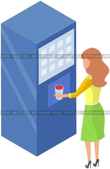 Woman buying water in vending machine. Female character uses automated self service device with snack and beverages. Modern equipment for office or business center. Appliance with food and drinks. Woman buying water in vending machine. Female character uses automated self service device. Стоковая иллюстрация, агентство Ingram Publishing / Фотобанк Лори
