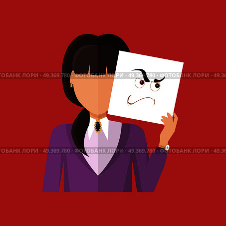 Woman character avatar vector. Flat style. Female portrait with anger, wrath, insult, skepticism, contempt, aggression, envy, emotional mask. Illustration for identity in Internet mood concepts icon. Woman Character Avatar Vector in Flat Design. Стоковая иллюстрация, агентство Ingram Publishing / Фотобанк Лори