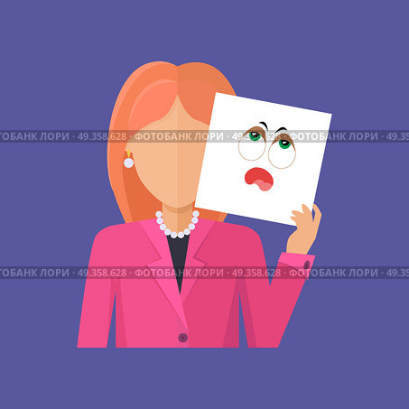 Woman Character Avatar Vector in Flat Design.. Woman character avatar vector. Flat style. Red-head female portrait with vapidity, sadness, fatigue, boredom, tediousness, emotional mask. Illustration for identity in Internet, mood concept, app icon. Стоковое фото, агентство Ingram Publishing / Фотобанк Лори