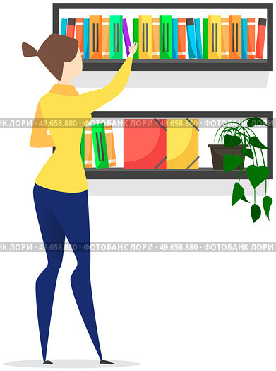 Woman chooses book on shelf. Literature for reading, education. Bookshelves with textbooks, manuals, fiction. Lady takes book from bookshelf. Paper edition, reading literature vector illustration. Woman chooses book on shelf. Literature for reading, paper edition of textbooks, fiction concept. Стоковая иллюстрация, агентство Ingram Publishing / Фотобанк Лори