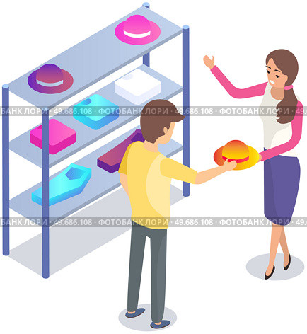 Woman choosing clothes in store with consultant. Shop assistant helps buyer to try on hat during shopping. Customer service in mall. People stand near shelves with clothes in store or boutique. Woman choosing clothes in store with consultant. Shop assistant helps buyer to choose hat in mall. Стоковая иллюстрация, агентство Ingram Publishing / Фотобанк Лори