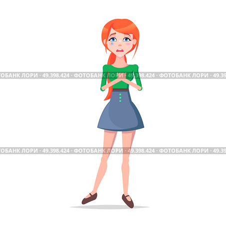 Woman crying full length with tear on cheek isolated on white. Frustrated redhead girl avatar userpic in flat style design. Vector illustration of upset human emotion in green blouse and blue skirt. Woman Crying Full Length with Tear on Cheek. Стоковая иллюстрация, агентство Ingram Publishing / Фотобанк Лори