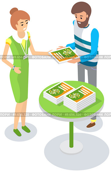 Woman distributes product samples. Leafleting, advertising, marketing campaign concept. Distributor advertises, promotes to customer. Female promoter giving product catalog with advertisement to man. Female promoter giving paper with advertisement to man. Lady advertises, promotes to customer. Стоковая иллюстрация, агентство Ingram Publishing / Фотобанк Лори