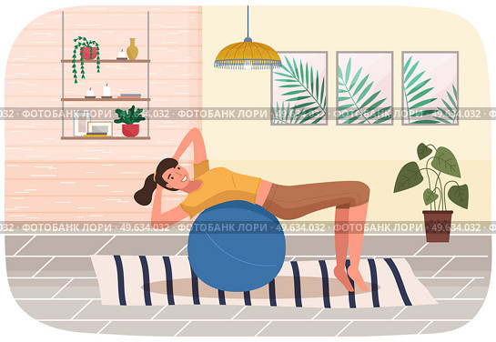 Woman doing fitness exercise at home. Young girl is engaged in pilates with ball. Slim lady dressed in sportive uniform doing sports in living room, back exercises and stretching. Gymnastics practice. Woman doing fitness exercise at home. Young girl is engaged in pilates with ball. Gymnastic lesson. Стоковая иллюстрация, агентство Ingram Publishing / Фотобанк Лори