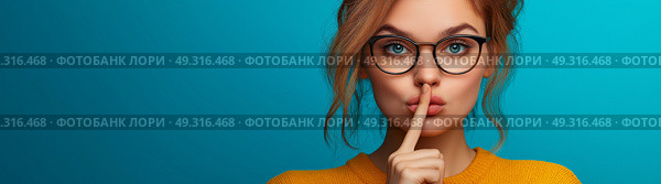 Woman doing shushing hand gesturing. creative banner with copy space. Женщина, жестикулирующая руками. креативный баннер. Стоковое AI-изображение, AI-художник Katsiaryna Repich / Фотобанк Лори