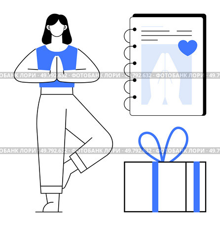 Woman doing tree pose, notebook with heart and prayer hands, wrapped gift. Ideal for wellness, mindfulness, fitness, gratitude, meditation yoga courses gift giving. Line metaphor. Young woman in yoga pose beside notebook with heart and gift box. Стоковая иллюстрация, агентство Ingram Publishing / Фотобанк Лори