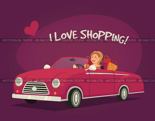 Woman Driving Shopping . Woman driving shopping in a cabriolet on purple background cartoon vector illustration . Стоковая иллюстрация, агентство Ingram Publishing / Фотобанк Лори