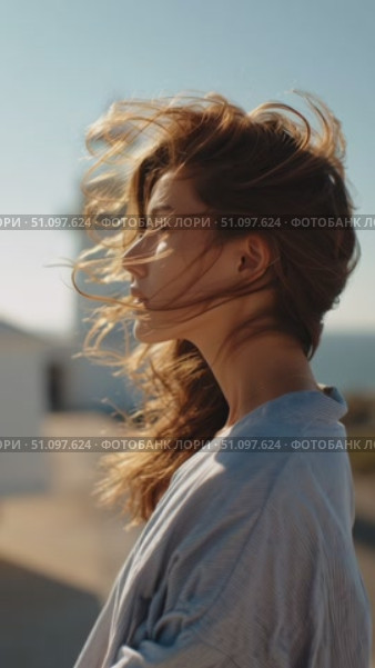 Woman enjoying a breezy day by the lighthouse on a sunny afternoon. Стоковое AI-видео, аниматор Сергей Толмачёв / Фотобанк Лори