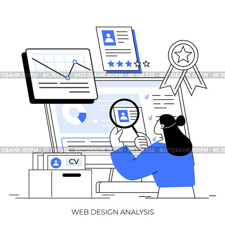 Woman examining a computer screen with charts, graphs, and documents. Ideal for web design analysis, user experience research, data interpretation, job applications, and performance reviews. Modern. Woman Analyzing Web Design Data Through Computer Interface with Analytical Tools and Documents. Стоковая иллюстрация, агентство Ingram Publishing / Фотобанк Лори